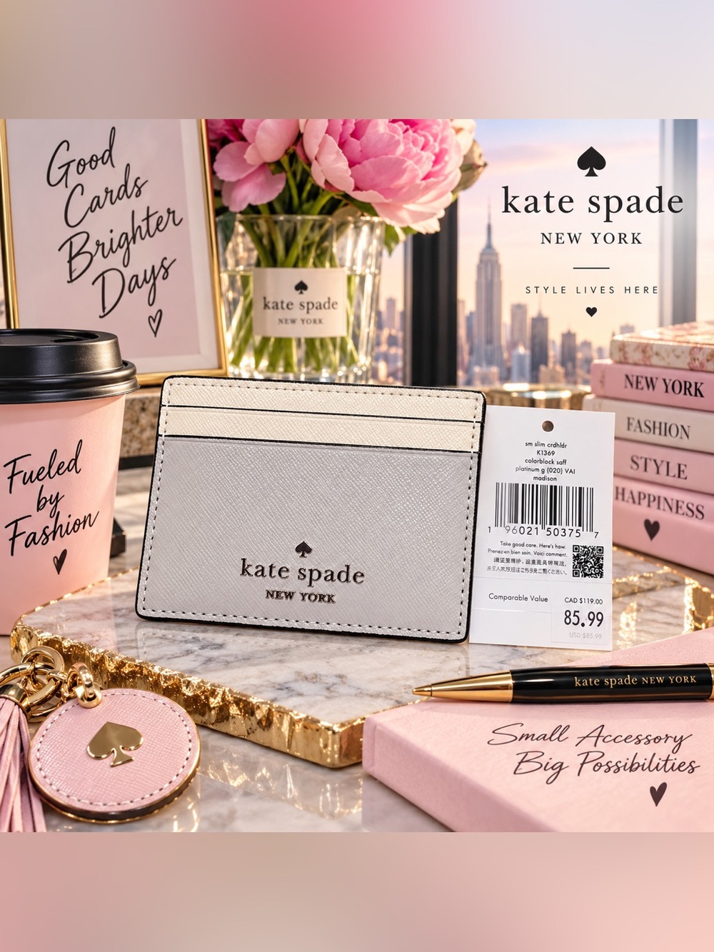 kate spade Two-Tone Light Gray & Cream Slim Card Holder